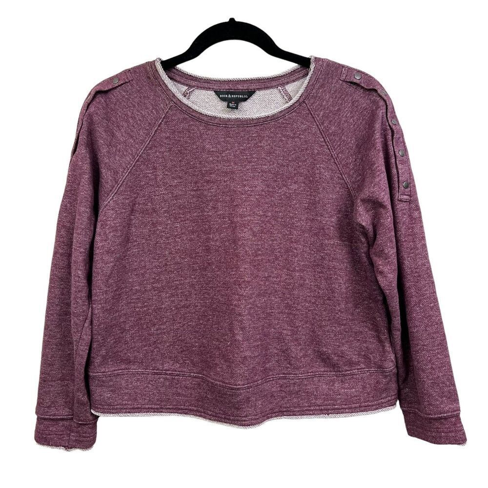 Rock & Republic Womens Crop Sweatshirt Rolled Trims Neck Pullover Burgundy Sz M*